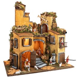 Pesebre napolitano estilo 700 con estatuas Landi, luces y