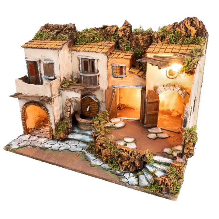 Borgo napoletano stile 700 illuminato con fontana cm 62x40x46 h