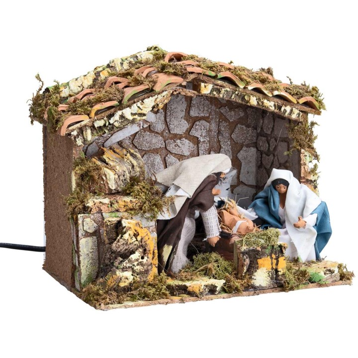 Capanna presepe con Natività in movimento cm 12 e luce