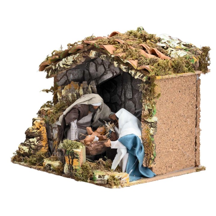 Capanna presepe con Natività in movimento cm 12 e luce
