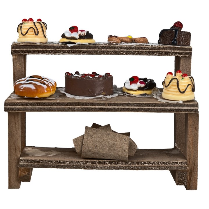 Puesto de madera con pasteles y dulces cm 8,8x4x8 h