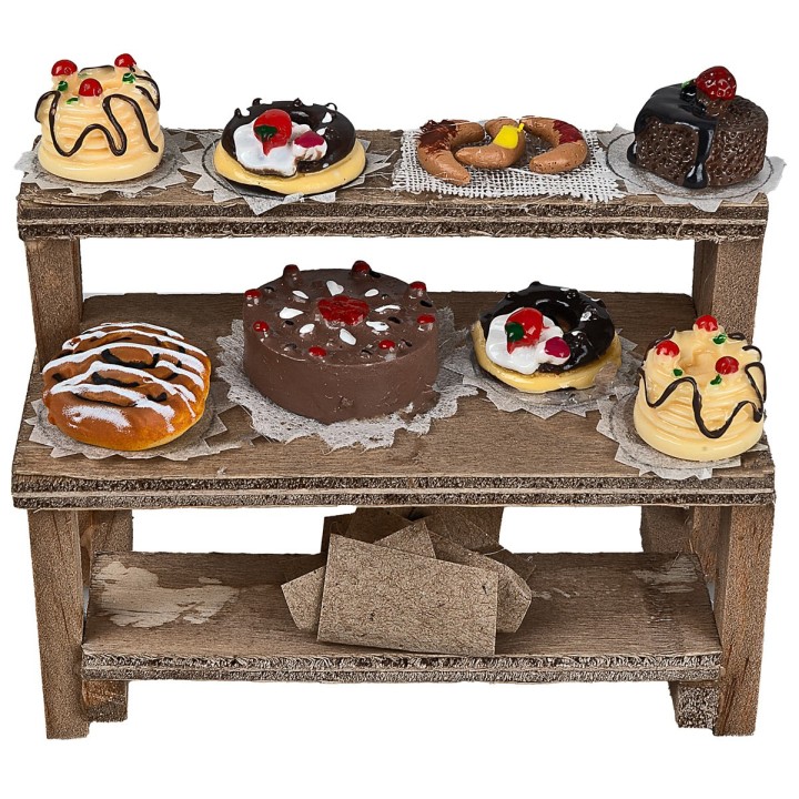 Puesto de madera con pasteles y dulces cm 8,8x4x8 h