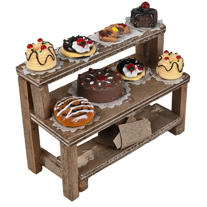 Puesto de madera con pasteles y dulces cm 8,8x4x8 h