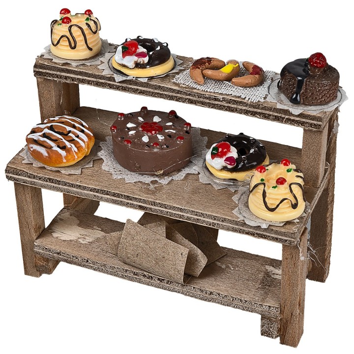 Wooden stall with cakes and sweets 8.8x4x8 cm h