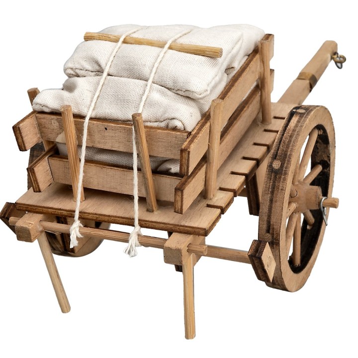 Carreta de madera con sacos de tela cm 16x10x8 h