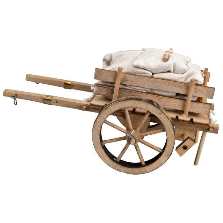 Carreta de madera con sacos de tela cm 16x10x8 h