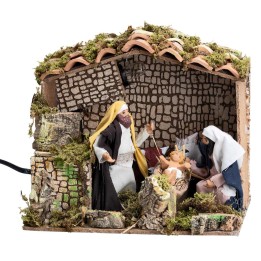 Hut with Moving Nativity 12 cm and light
