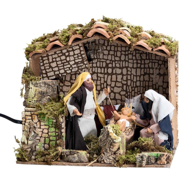 Cabaña con Natividad en movimiento 12 cm y luz