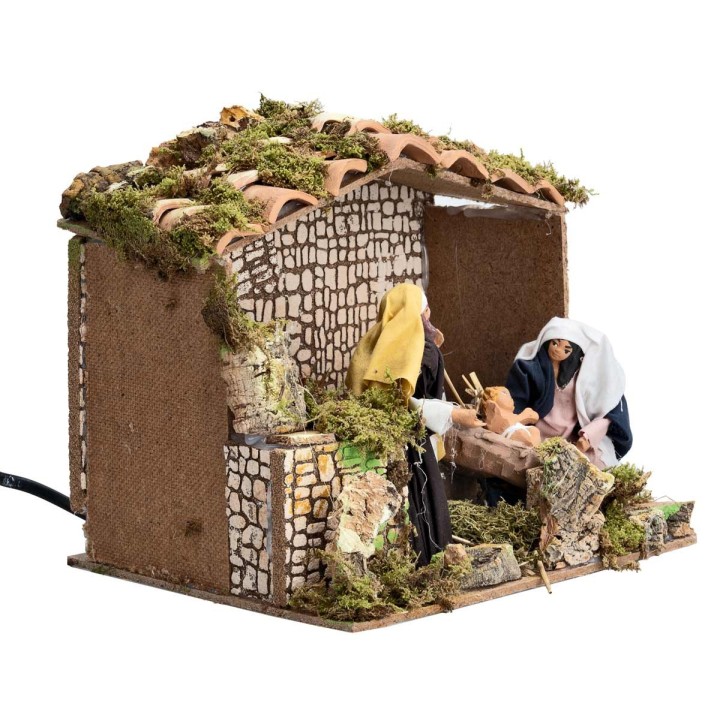 Hut with Moving Nativity 12 cm and light