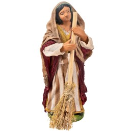 Peasant woman with broom 12 cm in terracotta with fabric clothes