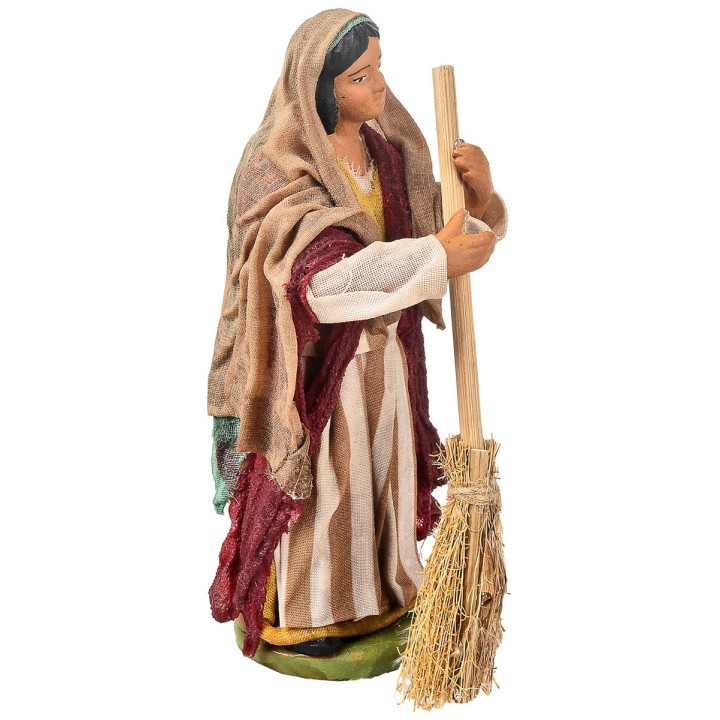 Contadina con scopa 12 cm in terracotta con abiti in tessuto