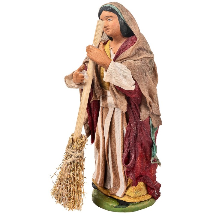 Contadina con scopa 12 cm in terracotta con abiti in tessuto