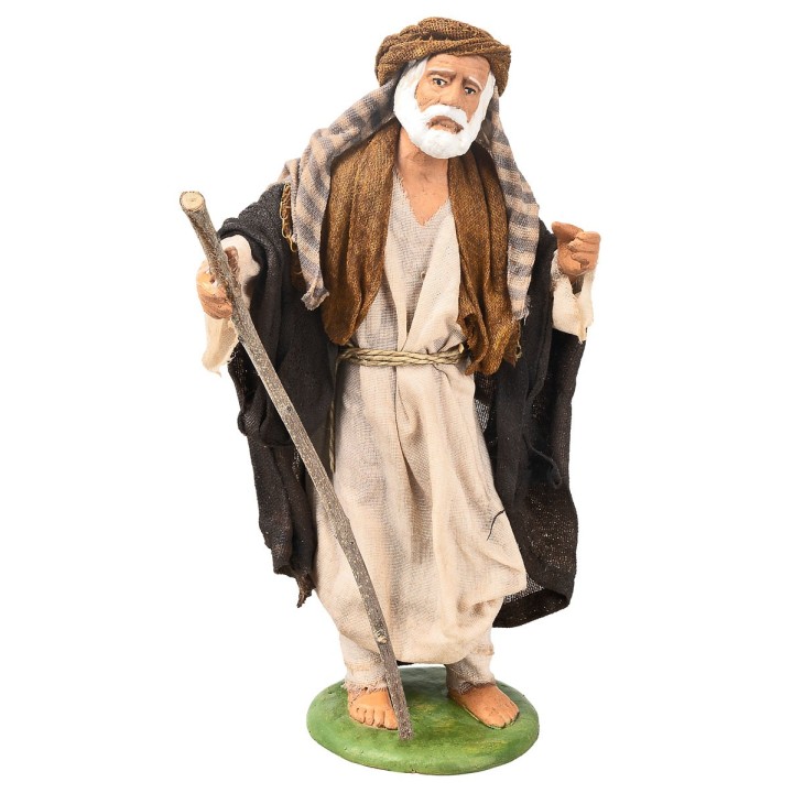 Pastor con bastón serie 16 cm en terracota con ropa de tela