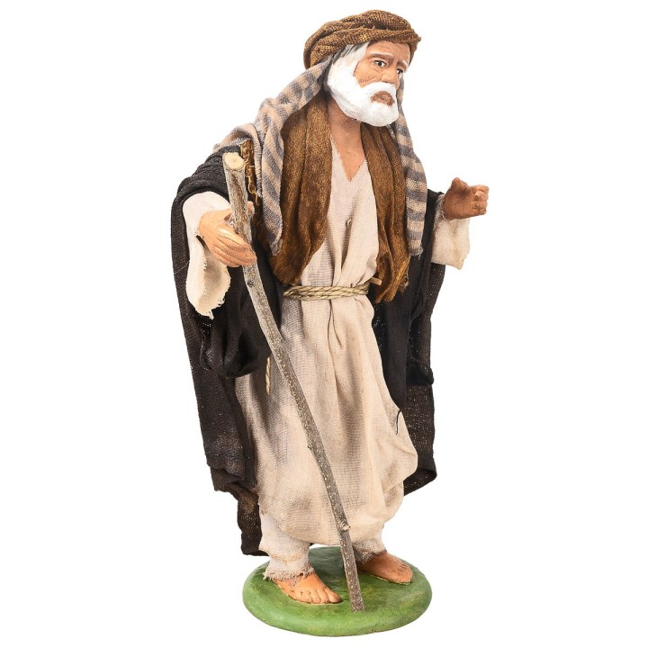Pastor con bastón serie 16 cm en terracota con ropa de tela