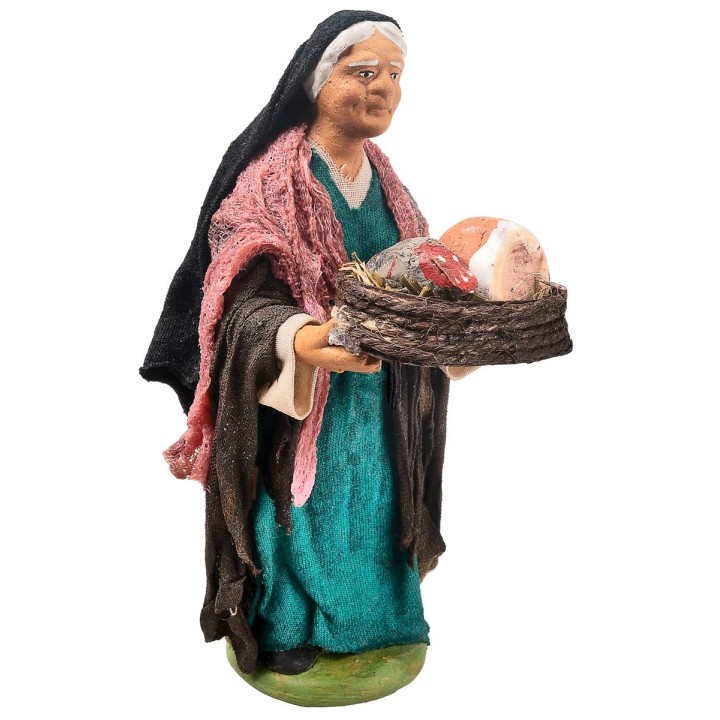 Woman with a basket of hams 12 cm in terracotta with fabric