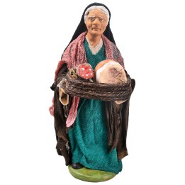 Donna con cesto di prosciutti 12 cm in terracotta con abiti in