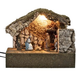 Illuminated hut with Nativity and moving bagpiper cm