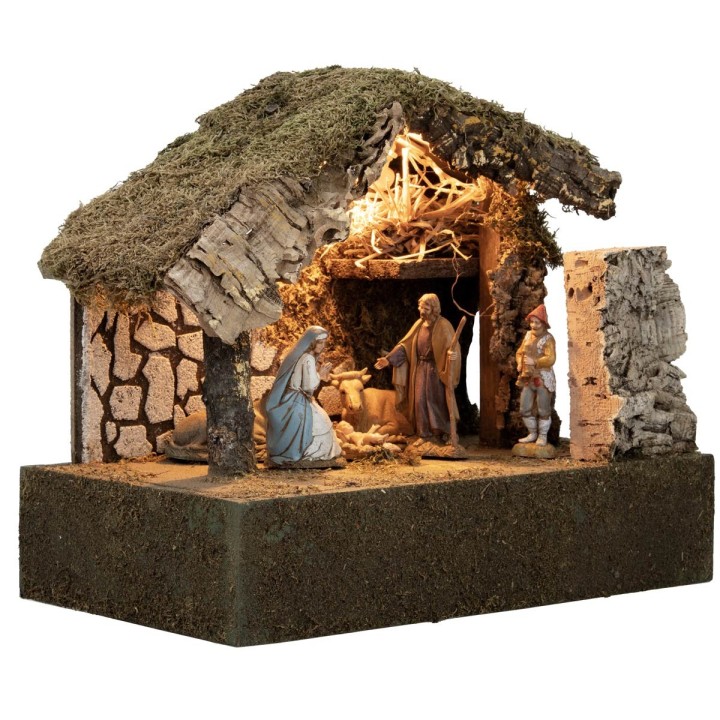 Capanna illuminata con Natività e zampognaro in movimento cm