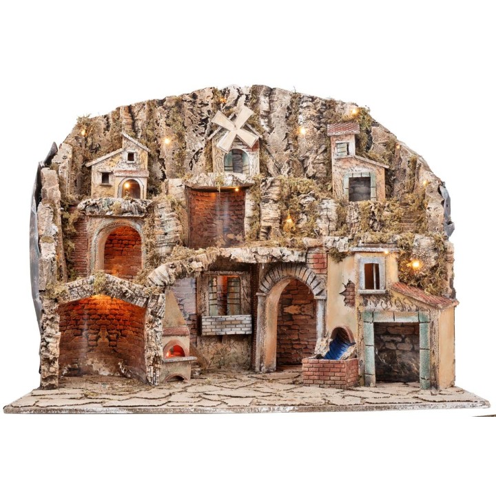 Nativity scene with lights, oven, mill, and brook 81x60x71.5 cm