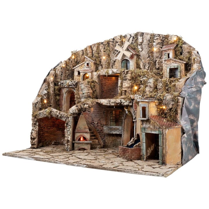 Nativity scene with lights, oven, mill, and brook 81x60x71.5 cm