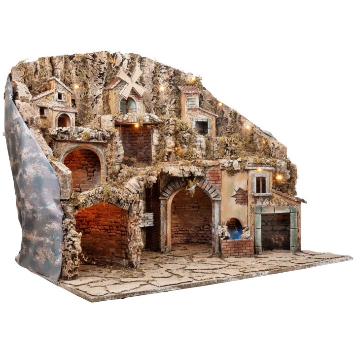 Presepe con luci, forno, mulino e ruscello cm 81x60x71,5 h
