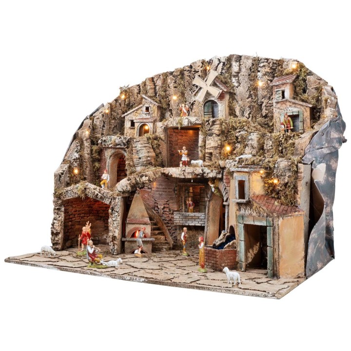 Nativity scene with Landi statues, lights, mill, and stream cm