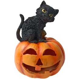 Zucca intagliata con gatto e luce a batterie funzionante h 23 cm