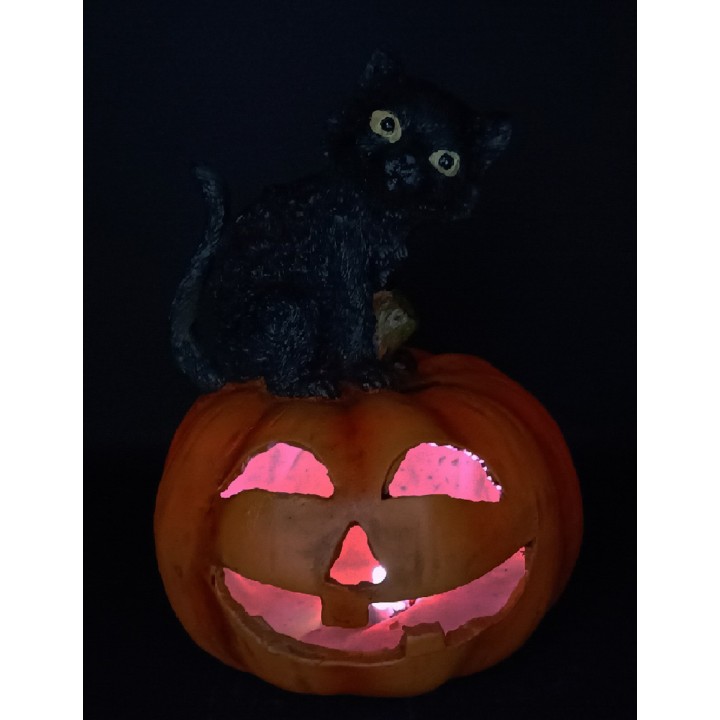 Zucca intagliata con gatto e luce a batterie funzionante h 23 cm