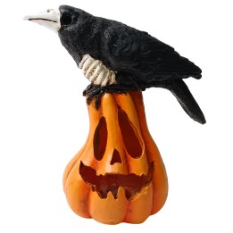 Zucca intagliata con corvo e luce funzionante h 17,5 cm