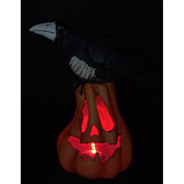 Calabaza tallada con cuervo y luz funcional h 17,5 cm
