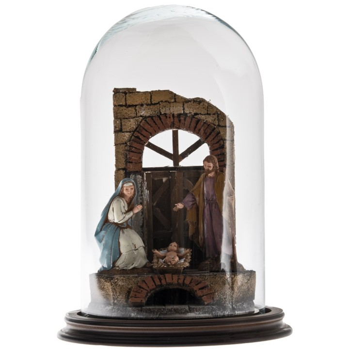 Presepe con arco in campana di vetro e base in legno ø cm