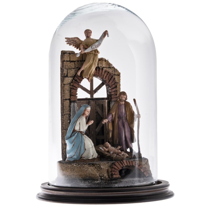 Presepe con arco in campana di vetro e base in legno ø cm
