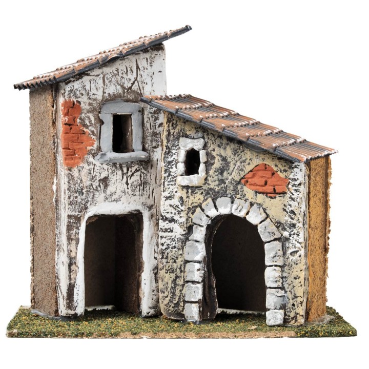 Coppia di case con torre e mattoni a vista cm 18x12x16 h