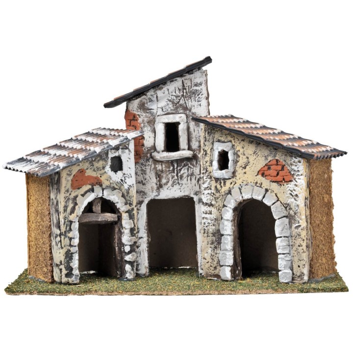 Three houses with stone arches and aged facades cm 16x12.3x23 h