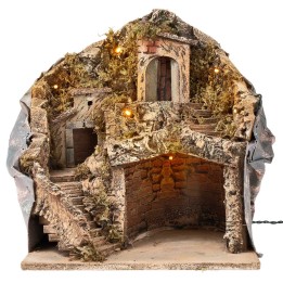 Nativity scene with illuminated grotto working on electricity