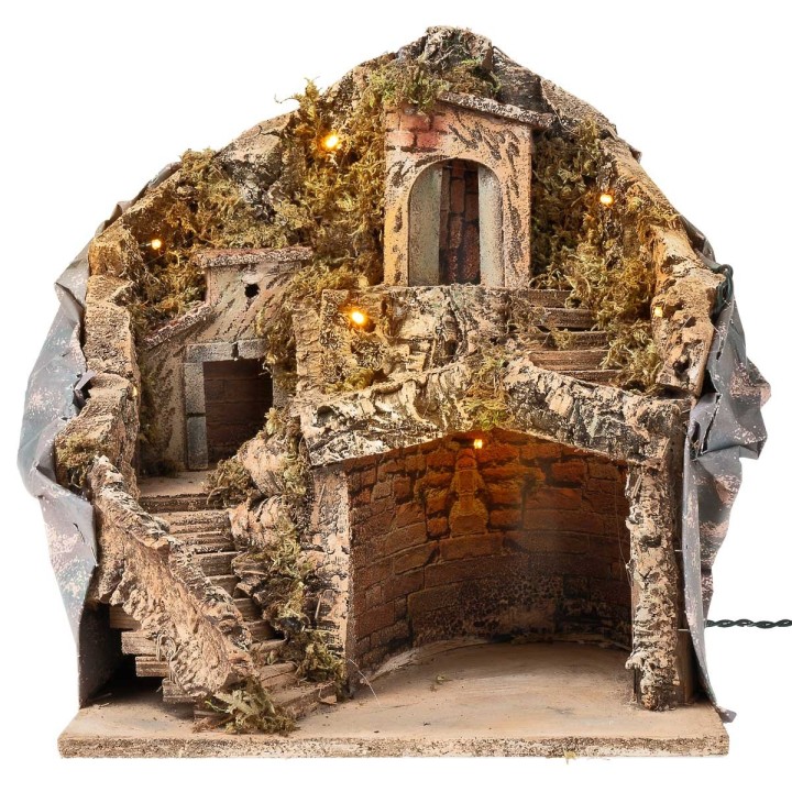 Nativity scene with illuminated grotto working on electricity