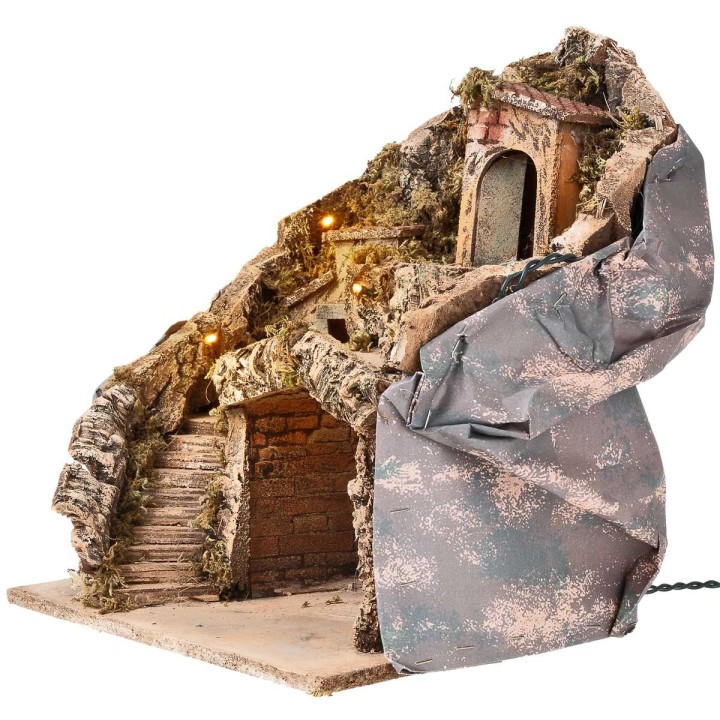 Pesebre con cueva iluminada funcionando a corriente cm 30x23x35