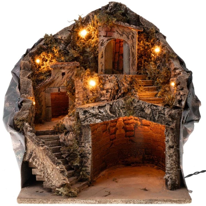 Pesebre con cueva iluminada funcionando a corriente cm 30x23x35