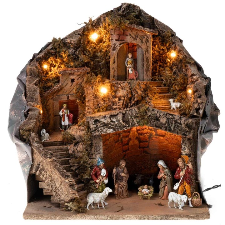 Presepe illuminato con statue Landi cm 30x23x35 h