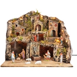 Illuminated nativity scene with fountain complete with Landi