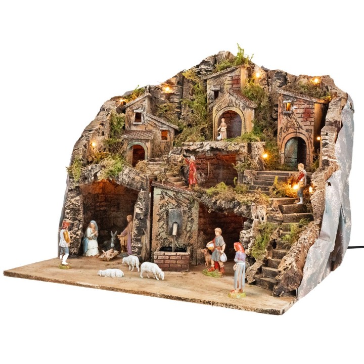 Presepe illuminato con fontana completa di statue Landi cm
