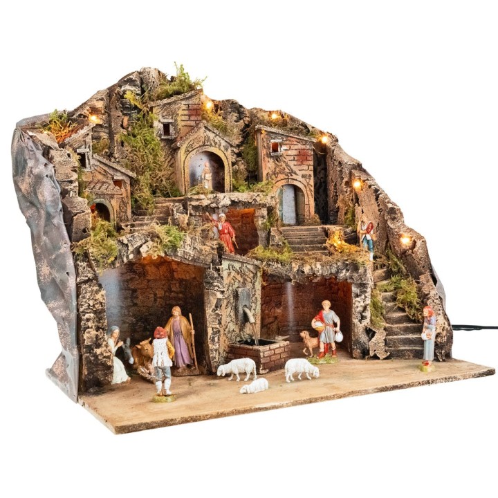 Illuminated nativity scene with fountain complete with Landi