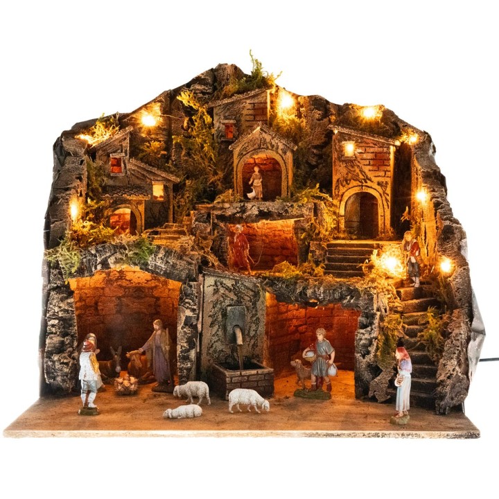 Illuminated nativity scene with fountain complete with Landi