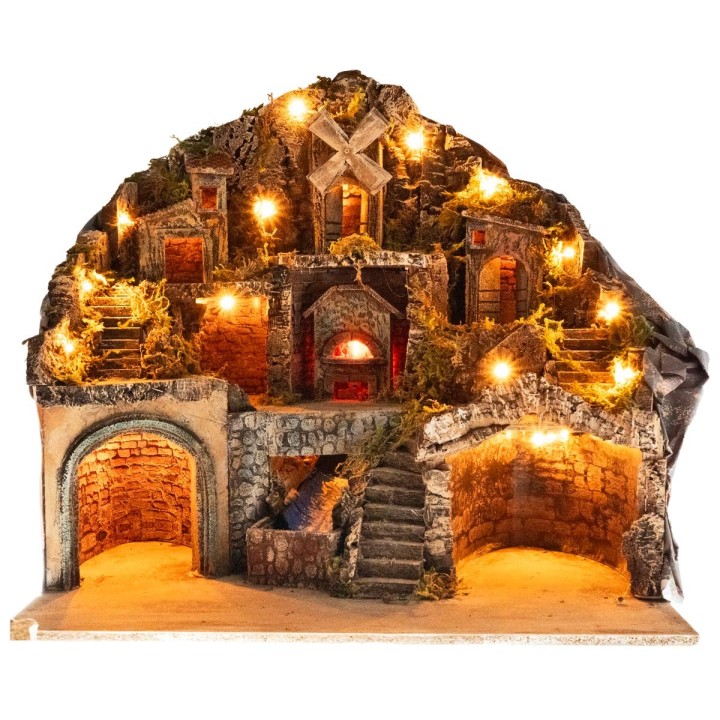 Pesebre iluminado con horno, arroyo y molino cm 60x41,5x58 h