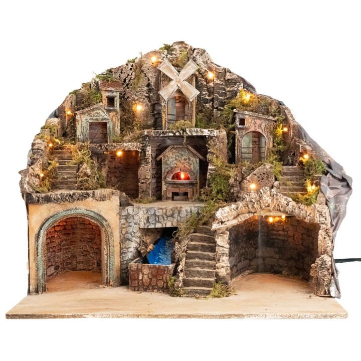 Pesebre iluminado con horno, arroyo y molino cm 60x41,5x58 h