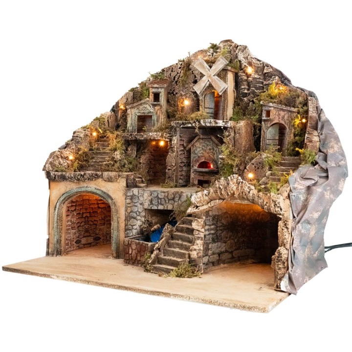 Illuminated nativity scene with oven, stream, and mill cm