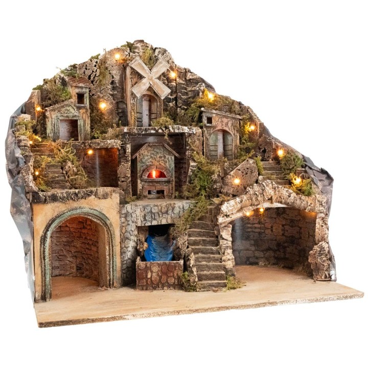 Presepe illuminato con forno, ruscello e mulino cm 60x41,5x58 h