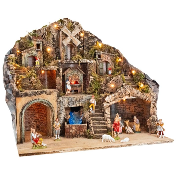Presepe con statue Landi illuminato con forno, ruscello e
