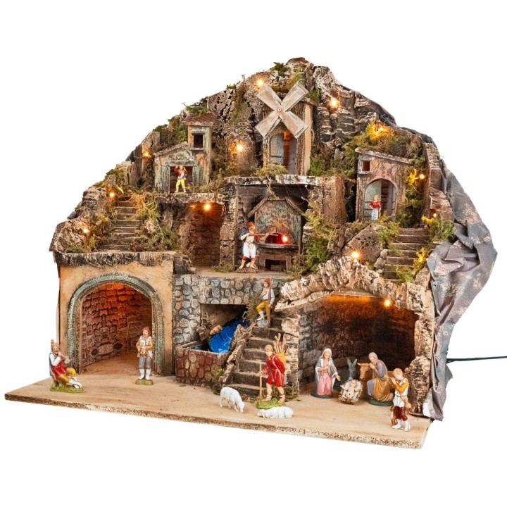 Presepe con statue Landi illuminato con forno, ruscello e