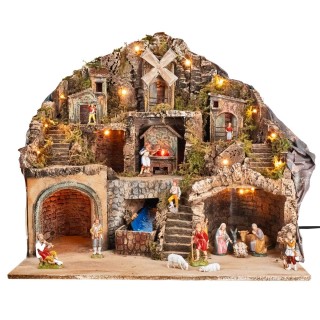 Presepe con statue Landi illuminato con forno, ruscello e